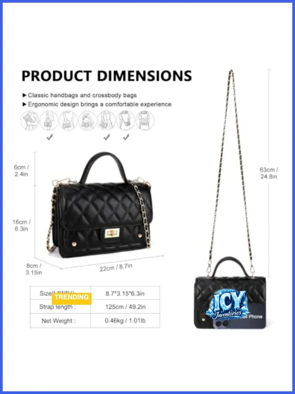 Quilted Vegan Leather Mini Crossbody Bag with Chain Strap, Twist Lock Purse